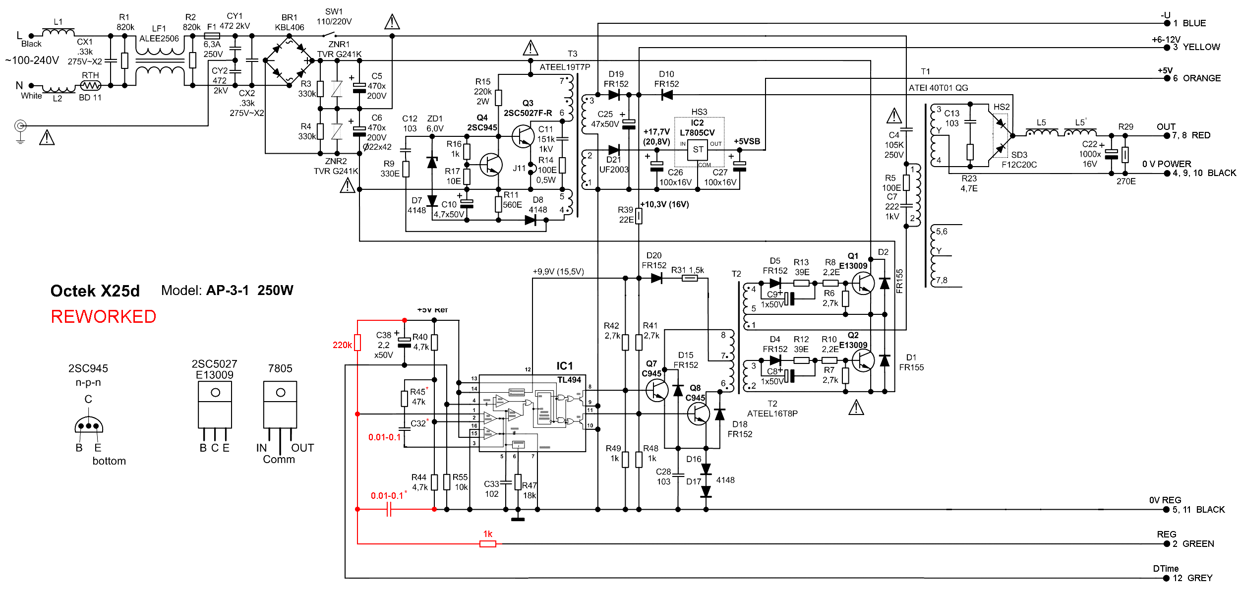 Схема переработанного компьютерного блока питания АТХ Octek X25В AP-3-1 250W